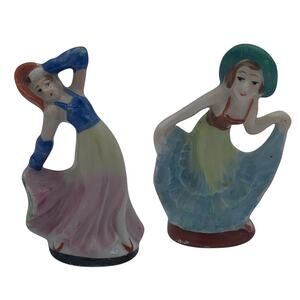 Set of 2 Occupied Japan Ladies Mini Porcelain Figurines Ball Gown Dress Vintage